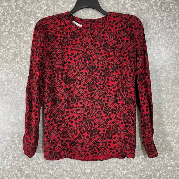 Jones New York Vintage 80's Red Buffalo Check Floral Top - Size 6 - Long Sleeves - Picture 1 of 7